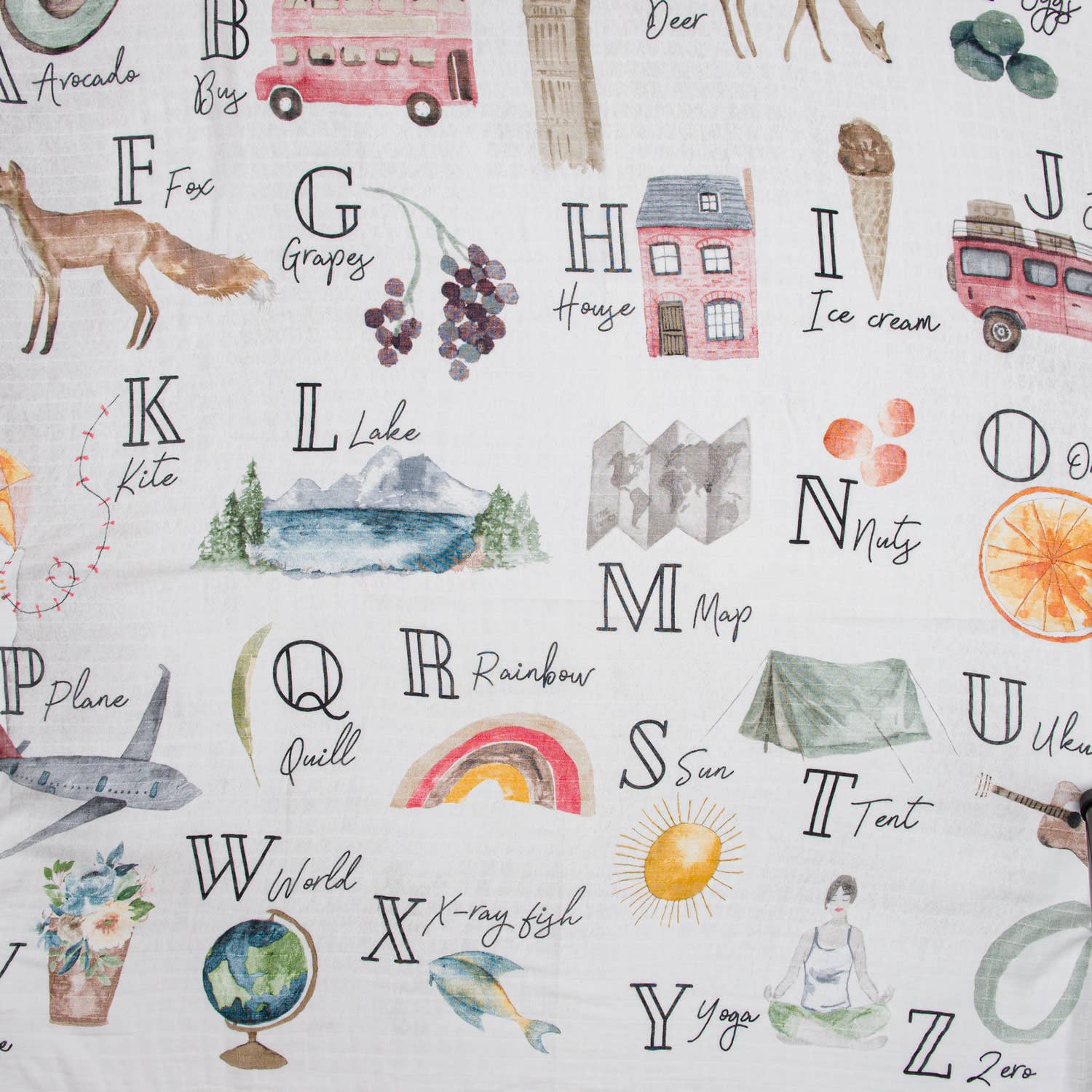 Alphabet-themed fabric with illustrations and text on a white background