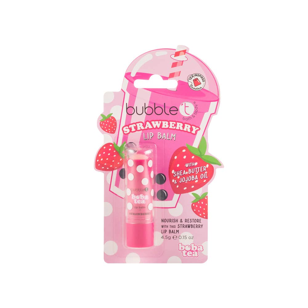 Pink strawberry lip balm packaging with polka dots.