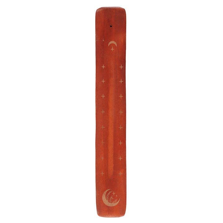 Wooden incense holder engraved with crescent moon and star pattern, featuring a celestial design of gold stars aligned along the center and a detailed moon motif at each end, displayed on a white background.