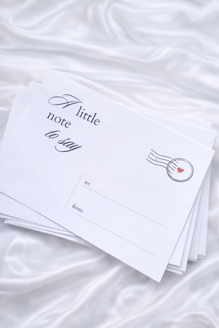Stack of white cards with text and a heart stamp on a white fabric background