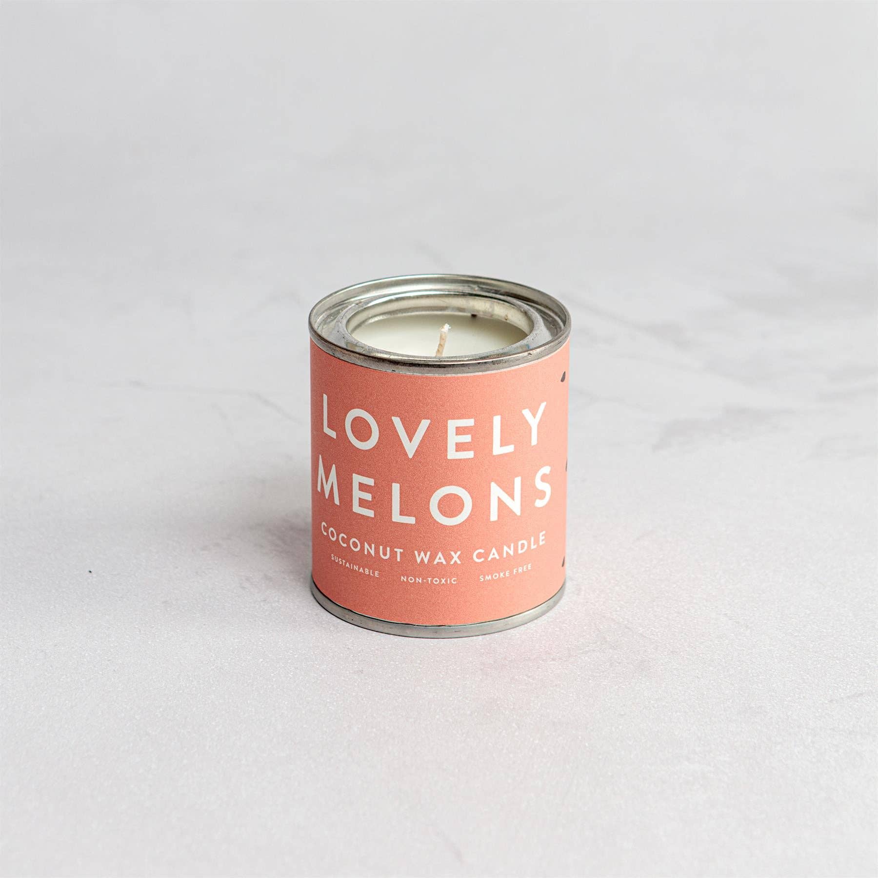 Lovely Melons coconut wax candle in a paint-can-style tin with a soft pink label featuring bold white text. Eco-friendly, non-toxic, and smoke-free—ideal for relaxing, fruity aromatherapy and gift boxes.