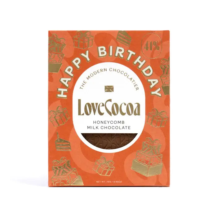 LoveCocoa honeycomb milk chocolate packaging with 'Happy Birthday' text on an orange background