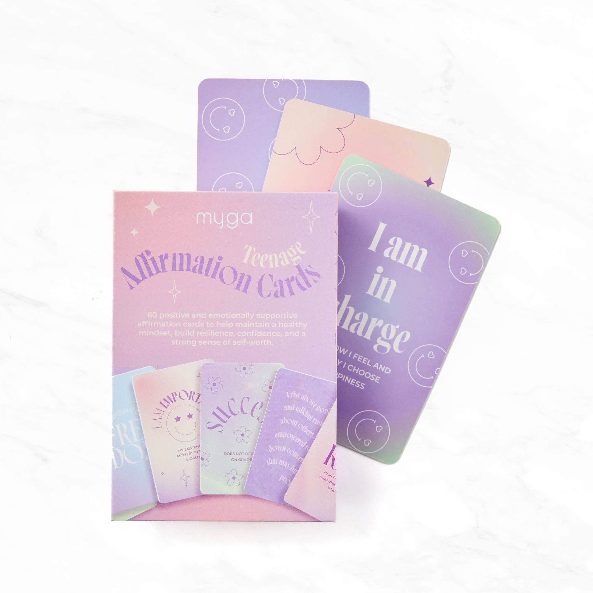 Set of affirmation cards with pastel colors and 'muya' branding.