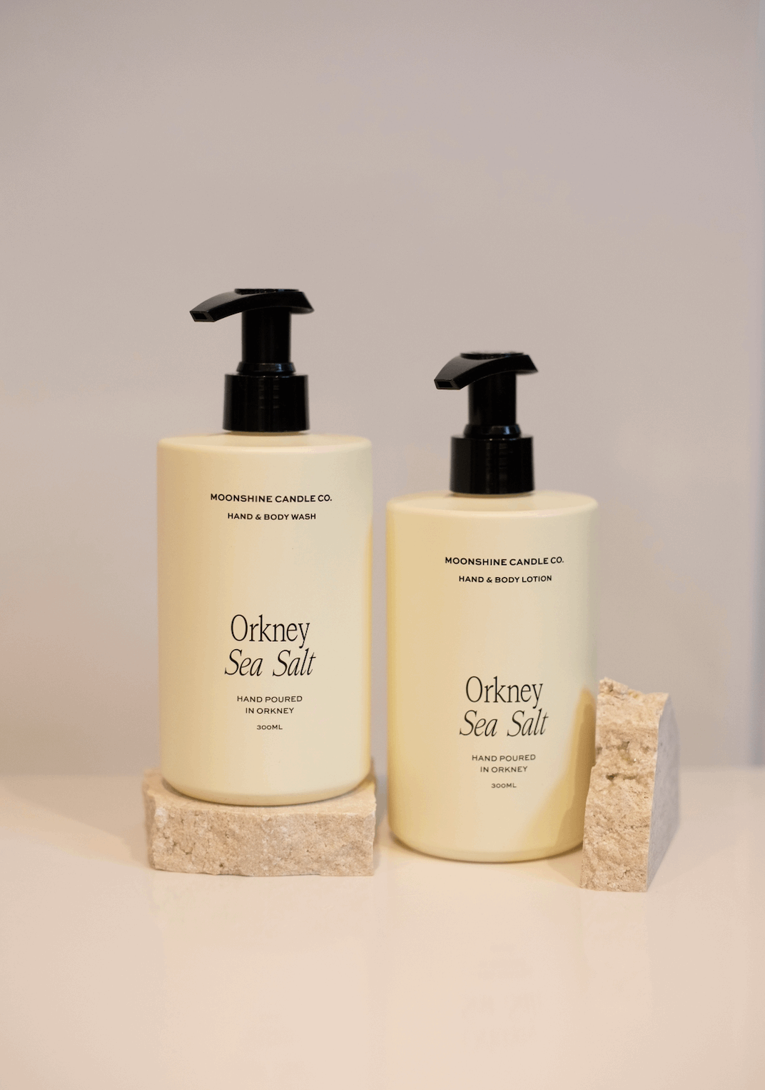 Two bottles of 'Orkney Sea Salt' hand and body products.