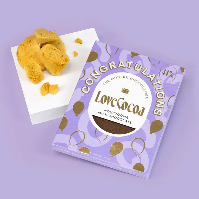 LoveCocoa honeycomb milk chocolate bar with packaging.