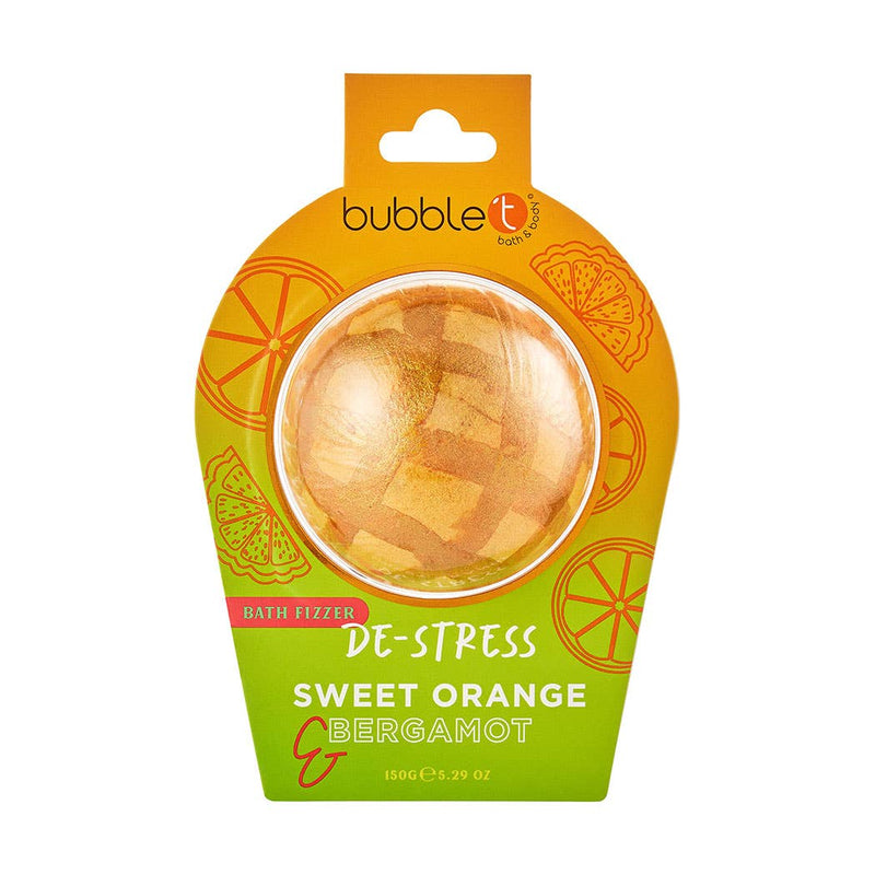 Bubble T bath fizzer packaging with sweet orange and bergamot scents.