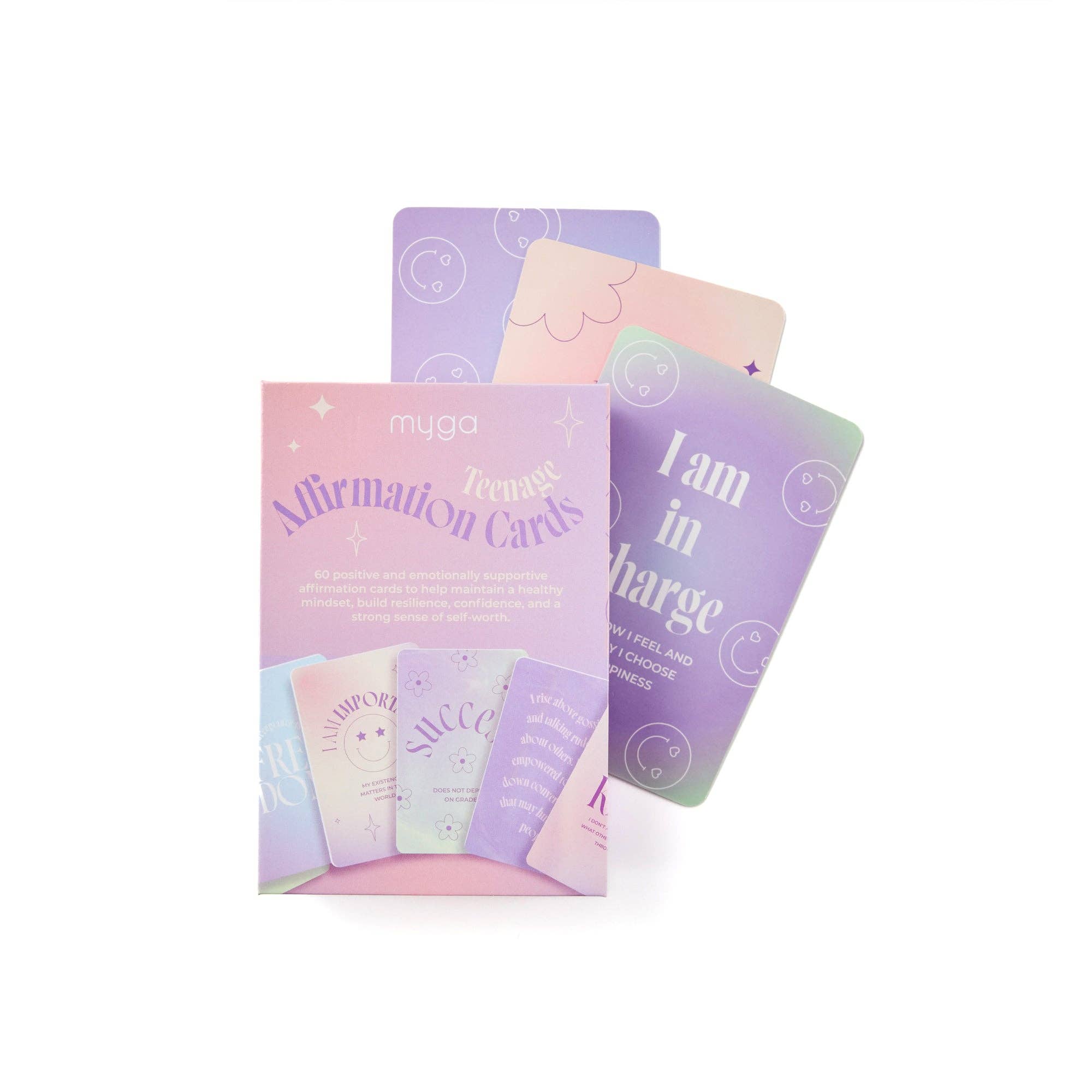 Set of affirmation cards with a purple and pink design.