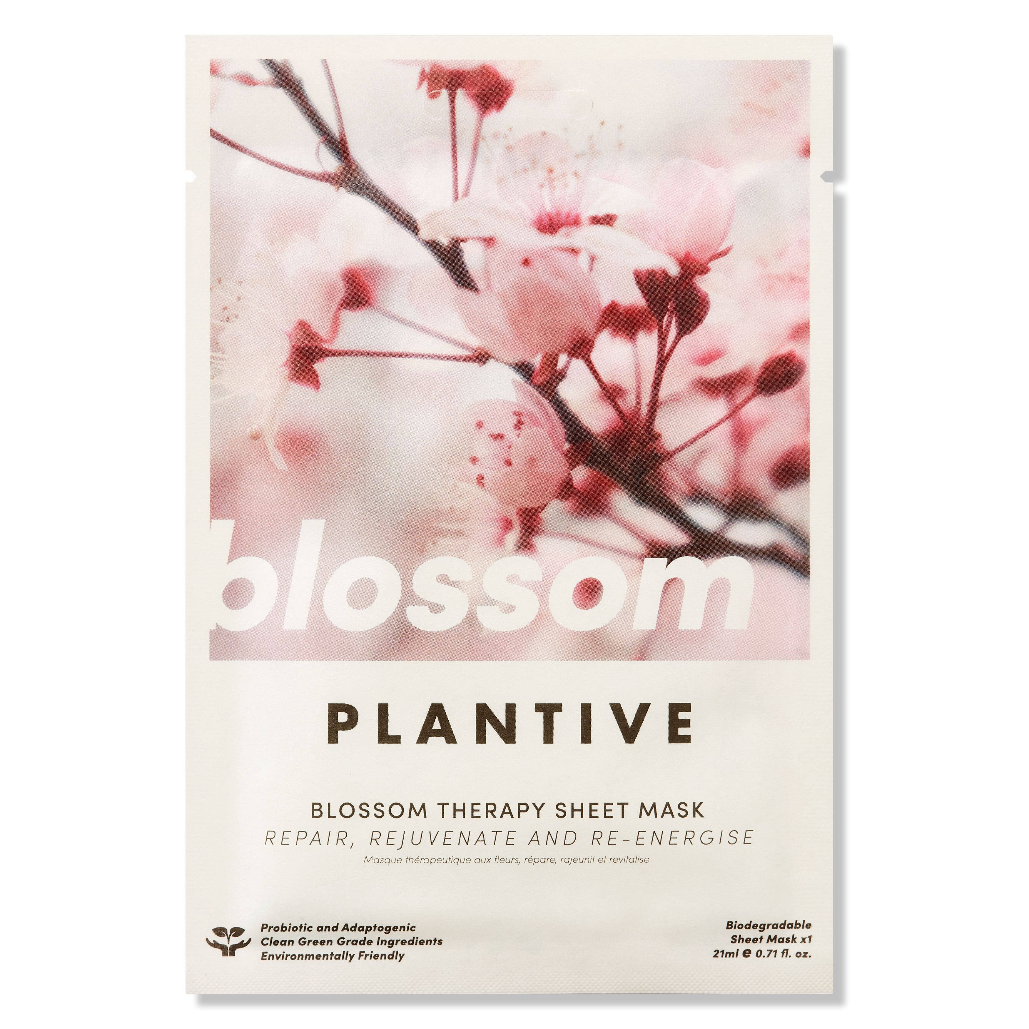 Plantive Blossom Therapy Sheet Mask packaging with cherry blossoms on a white background