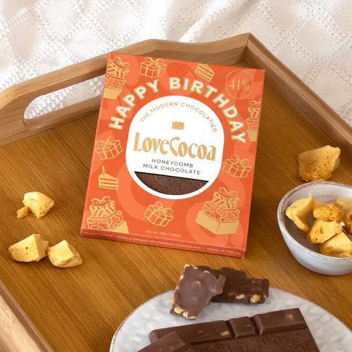 LoveCocoa honeycomb milk chocolate packaging.