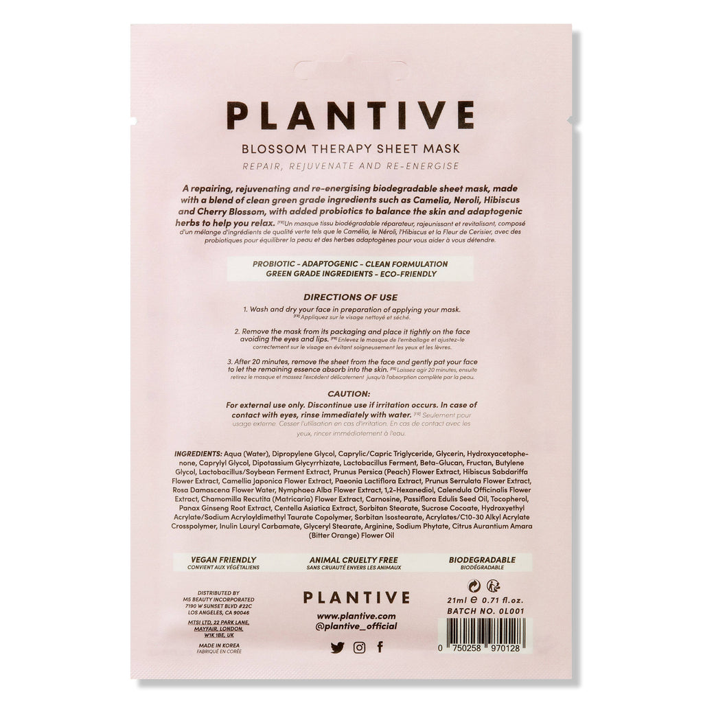 Plantive Blossom Therapy Sheet Mask packaging with text and branding on a light pink background