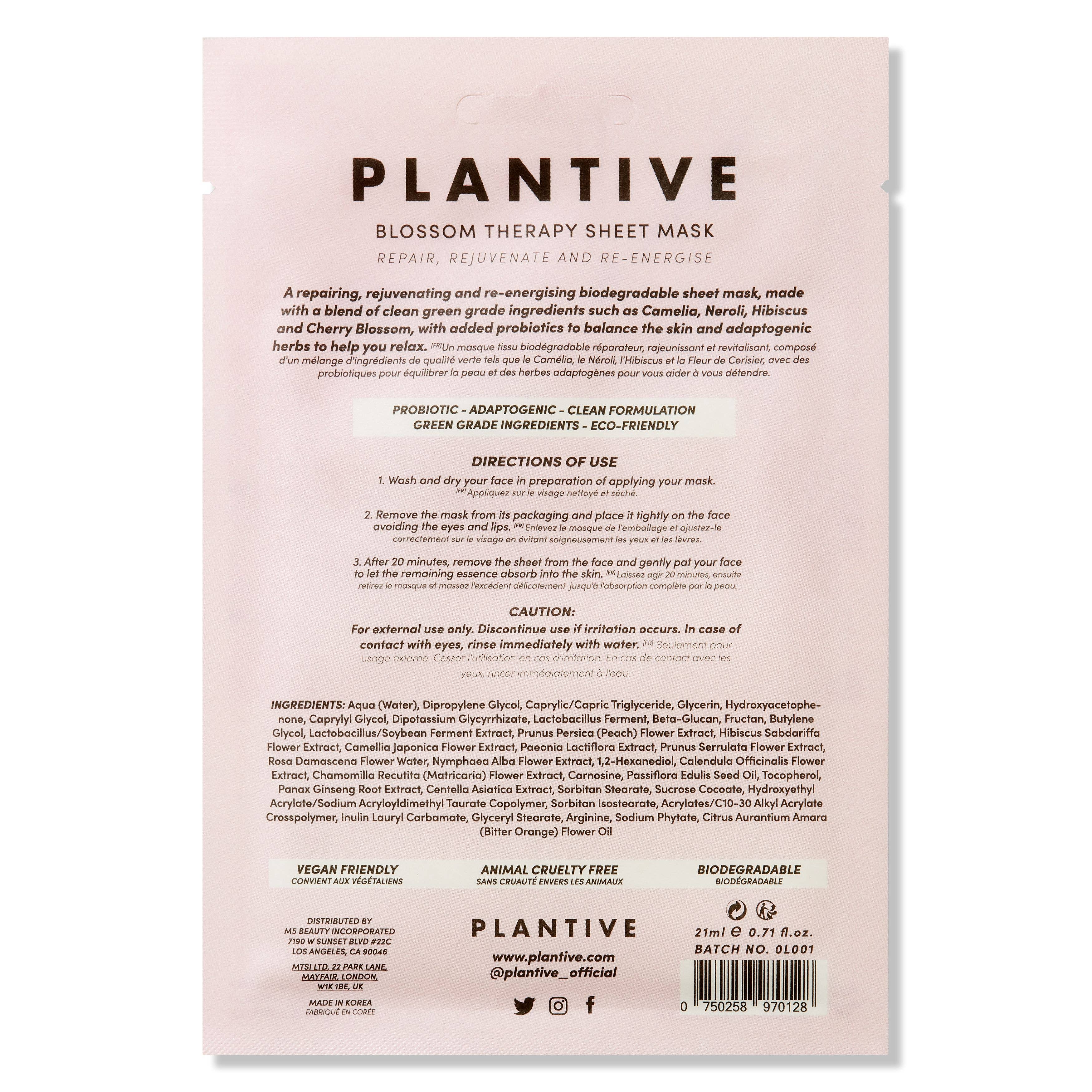Plantive Blossom Therapy Sheet Mask packaging with text and branding on a light pink background