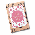 Book with 'The Romantic One' text and heart patterns on a kraft paper cover.