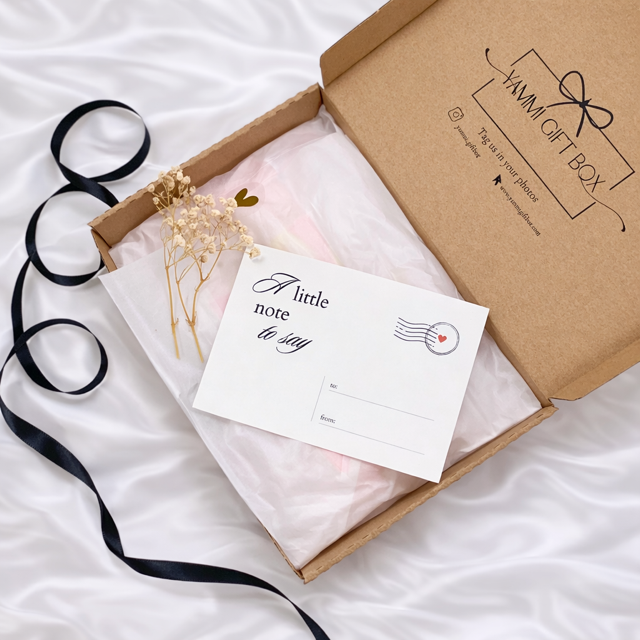Gift box with pink fabric, black ribbons, and a card on a white background