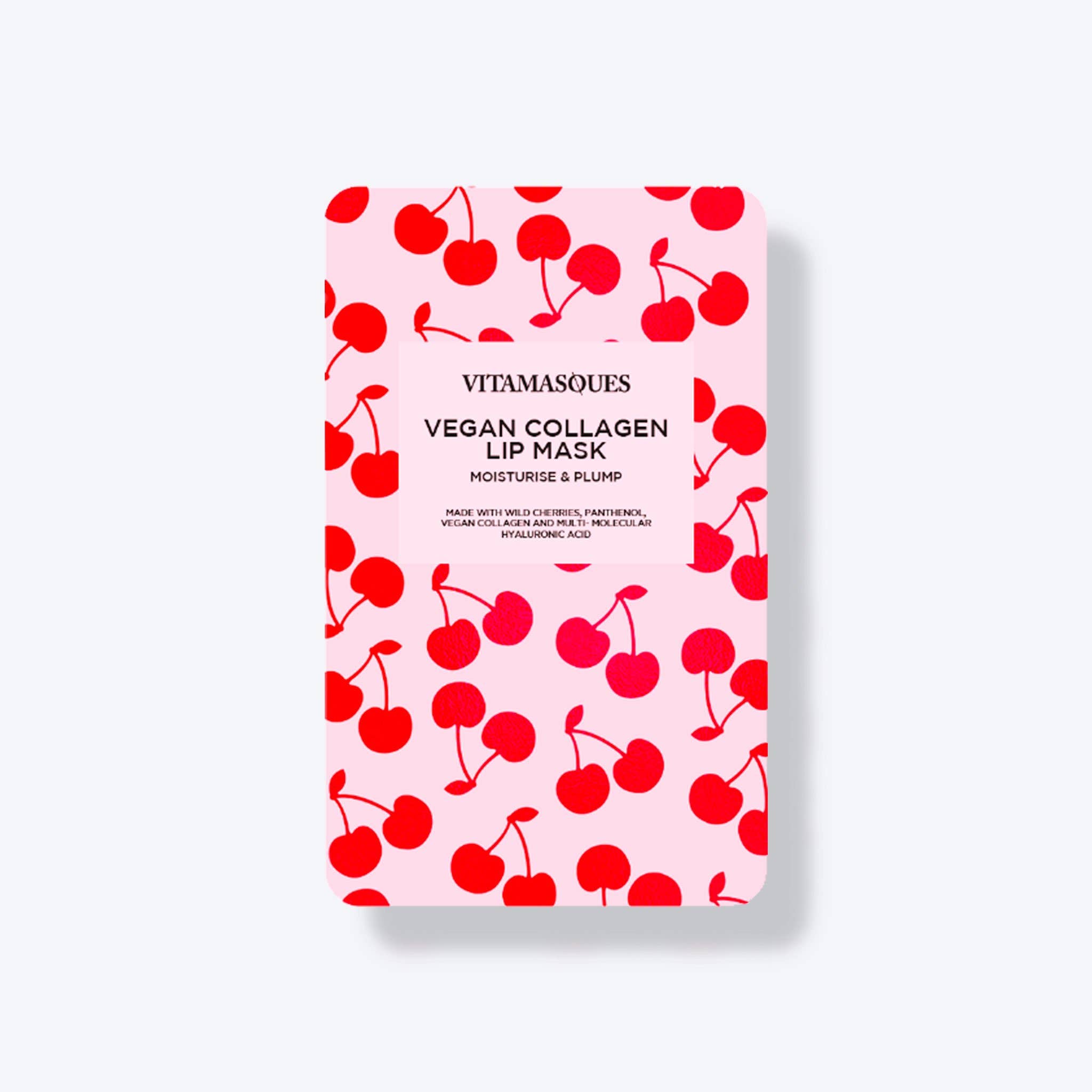 Vegan collagen lip mask packaging with cherry design on a pink background