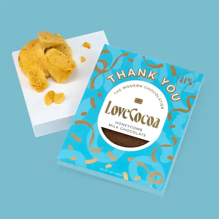 LoveCocoa honeycomb milk chocolate packaging with honeycomb pieces on a blue background