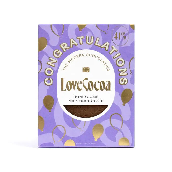 Love Cocoa Honeycomb Milk Chocolate bar in purple gift packaging with gold foil ‘Congratulations’ text and balloon illustrations.