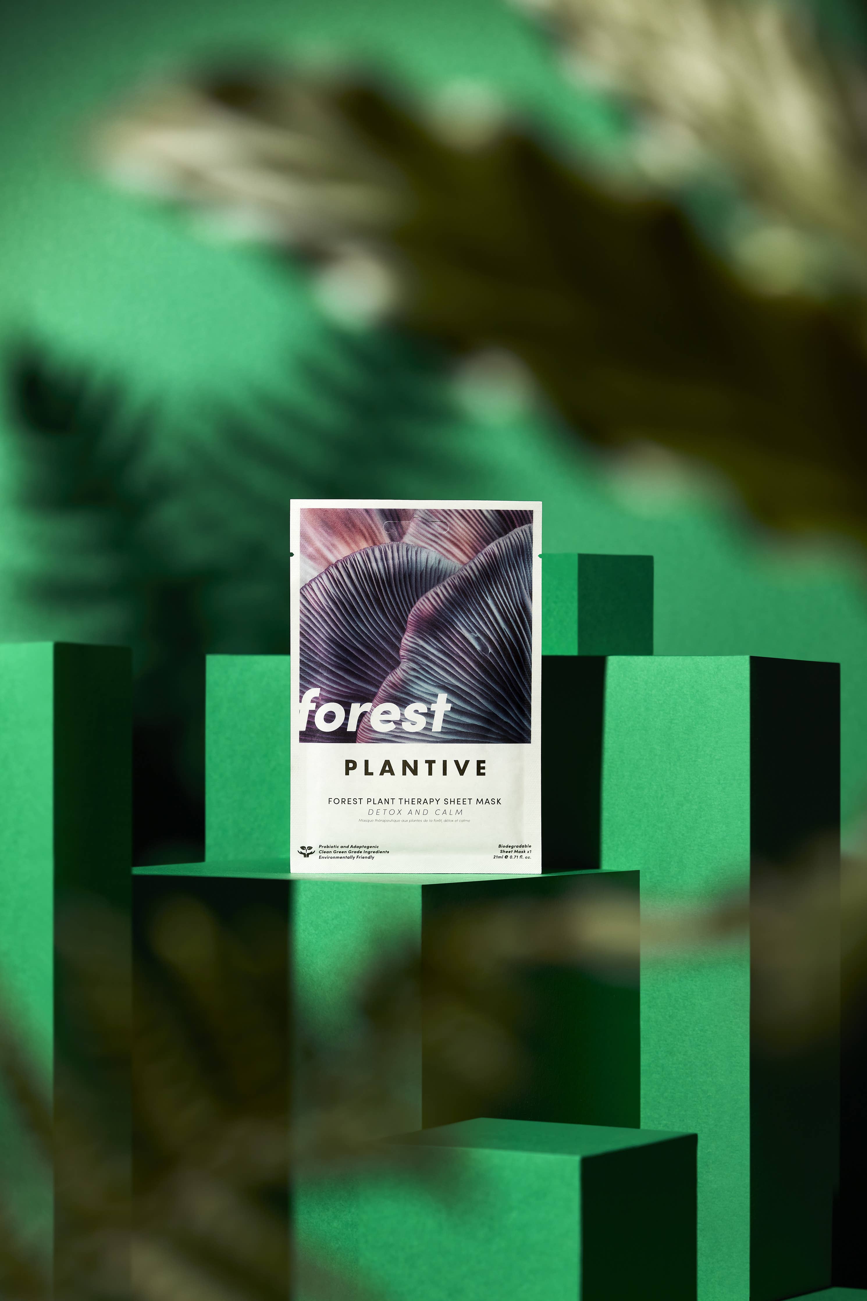 Product packaging with 'forest PLANTIVE' branding.