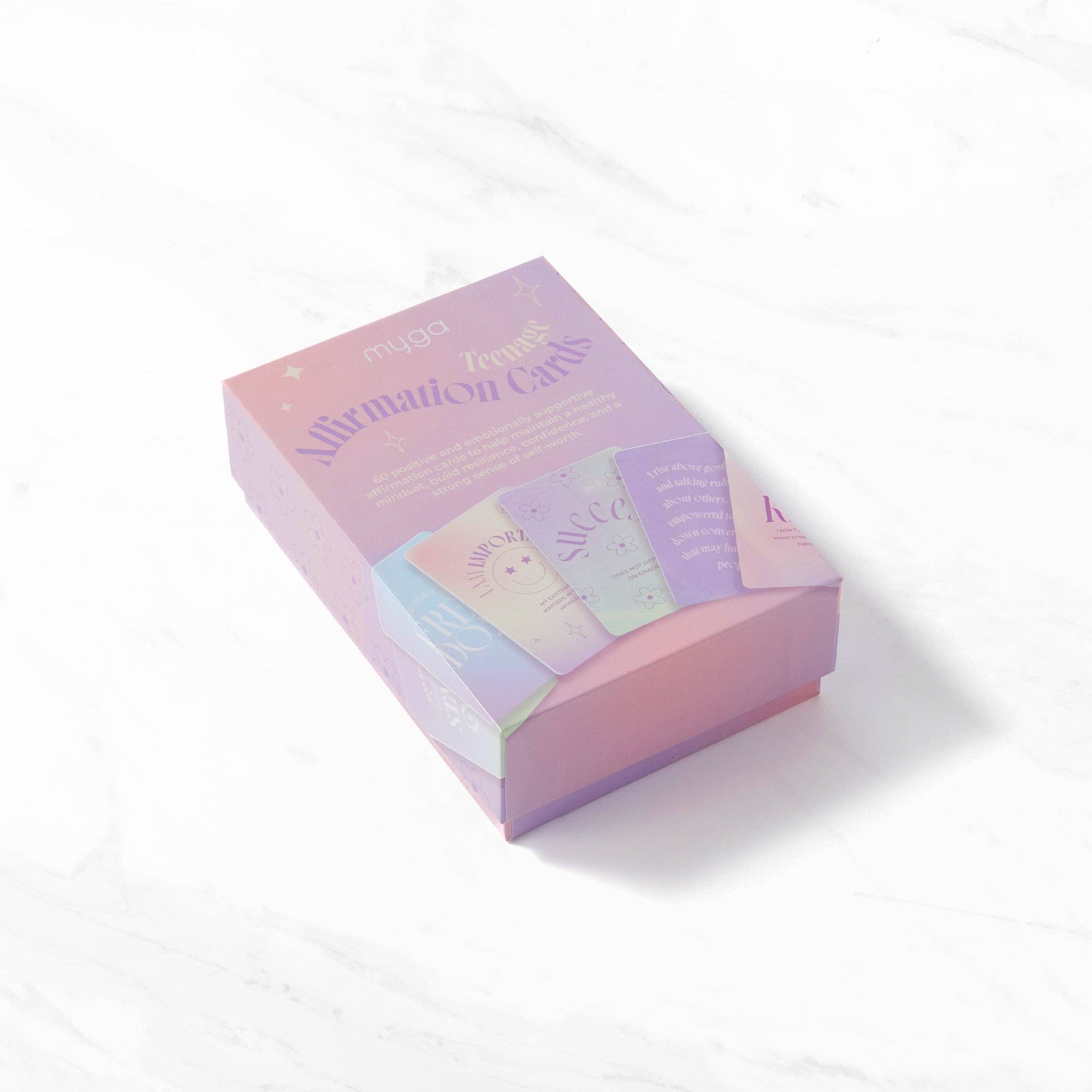 Pastel-colored box of affirmation cards.