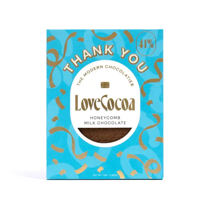 LoveCocoa honeycomb milk chocolate packaging with blue and gold design.